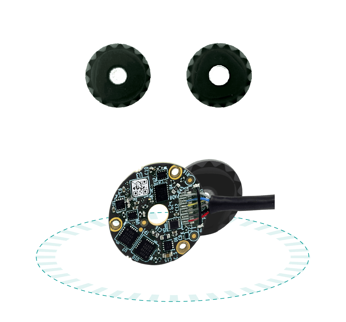Shaftless absolute rotary encoder with contactless capacitive sensing and high repeatability.